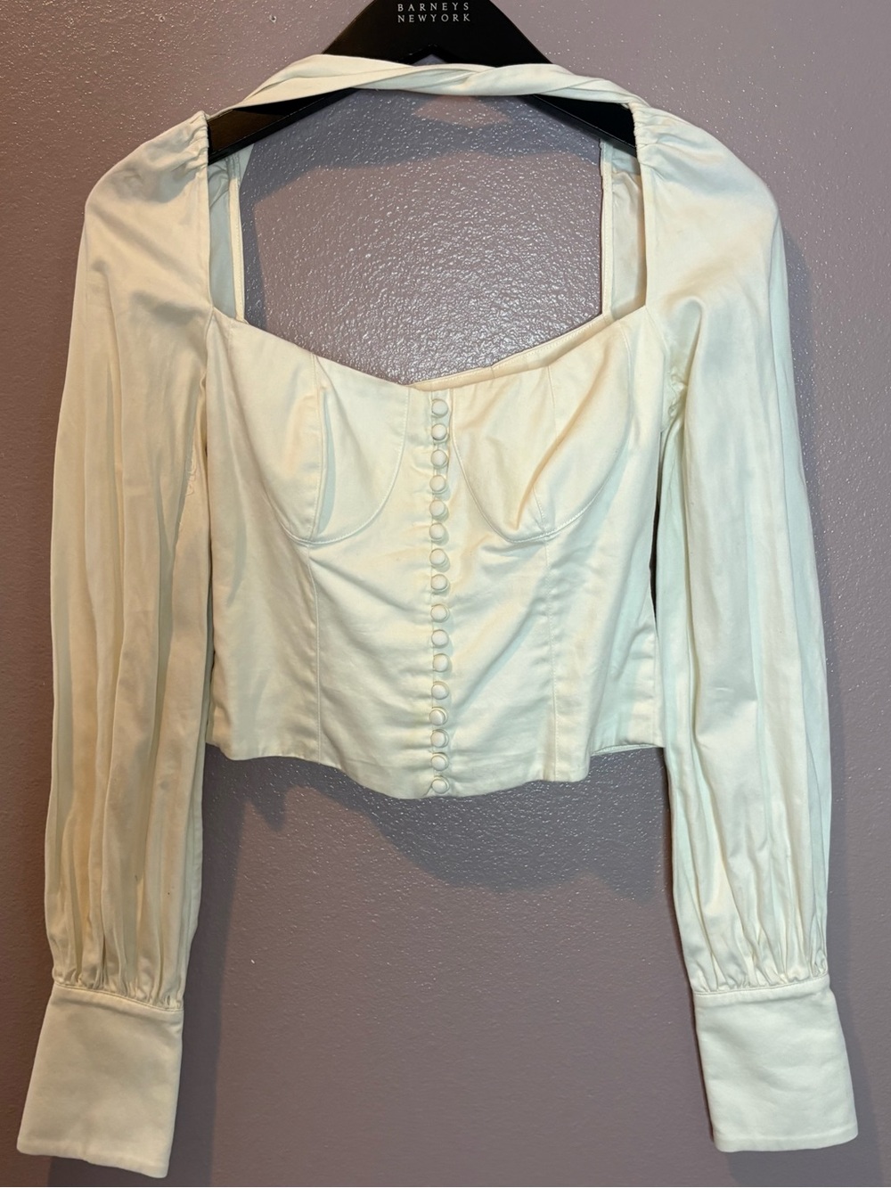 Ivory Long-Sleeve Corset Blouse with Front Button Detail